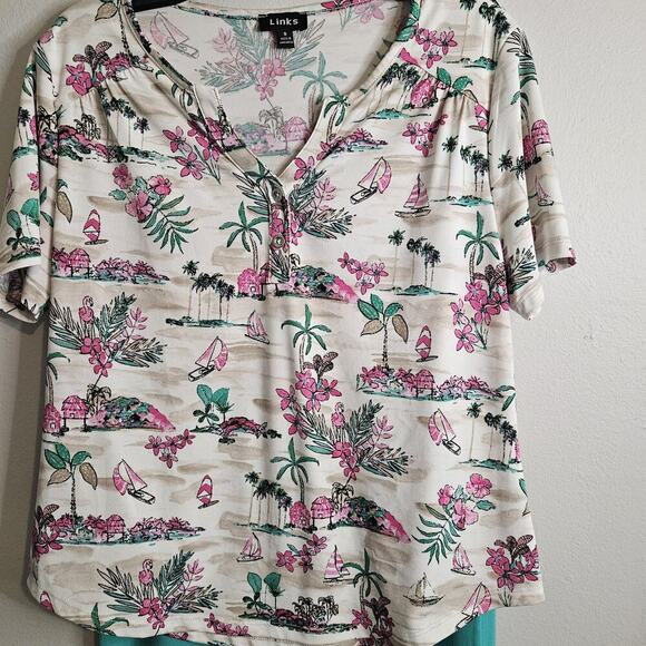 Links Womens 2pc Capri Set Green White Pull On Stretch Pockets Soft Knit Sz S - Picture 2 of 16